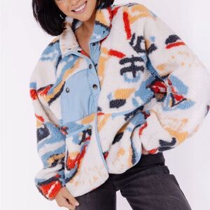 Polagram Fleece Jacket Snap Front Abstract Multicolor Teddy Coat Womens Large